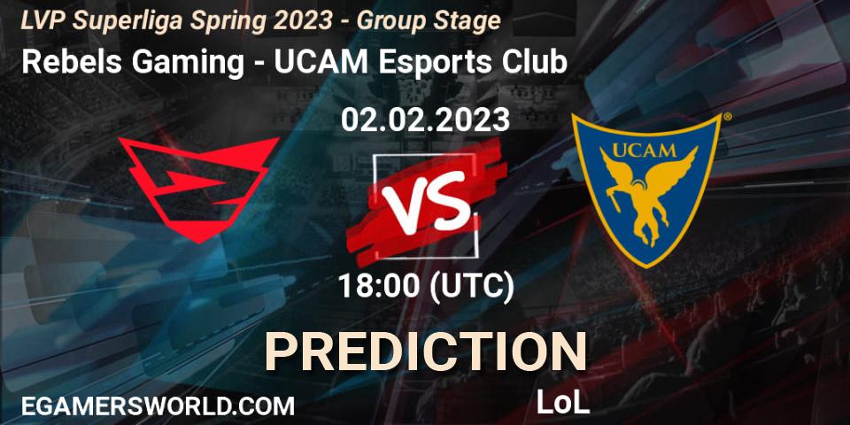 Rebels Gaming contre UCAM Esports Club : prédiction de match. 02.02.2023 at 18:00. LoL, LVP Superliga Spring 2023 - Group Stage