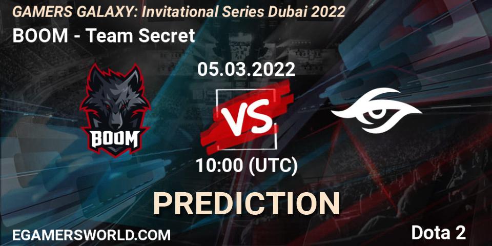 BOOM contre Team Secret : prédiction de match. 05.03.2022 at 09:58. Dota 2, GAMERS GALAXY: Invitational Series Dubai 2022