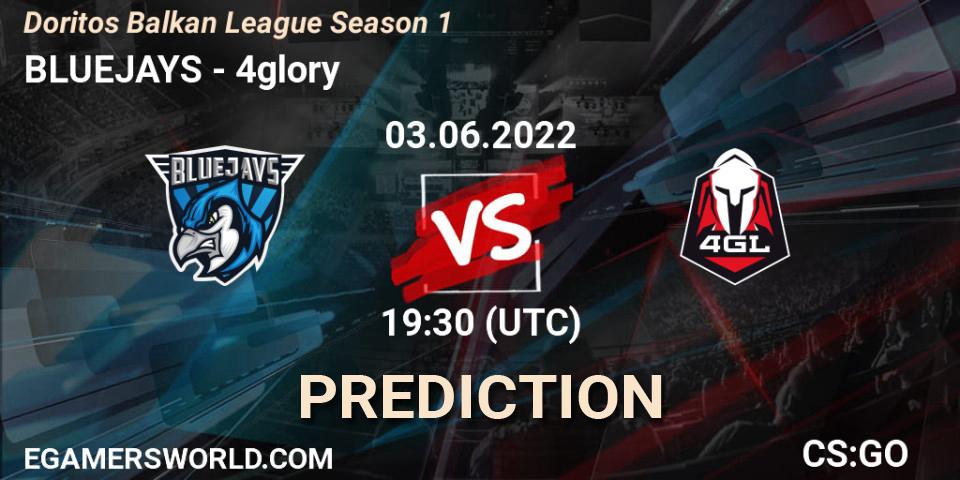 BLUEJAYS contre 4glory : prédiction de match. 03.06.2022 at 20:00. Counter-Strike (CS2), Doritos Balkan League Season 1
