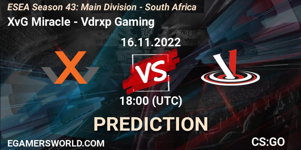 XvG Miracle contre Vdrxp Gaming : prédiction de match. 16.11.22. CS2 (CS:GO), ESEA Season 43: Main Division - South Africa
