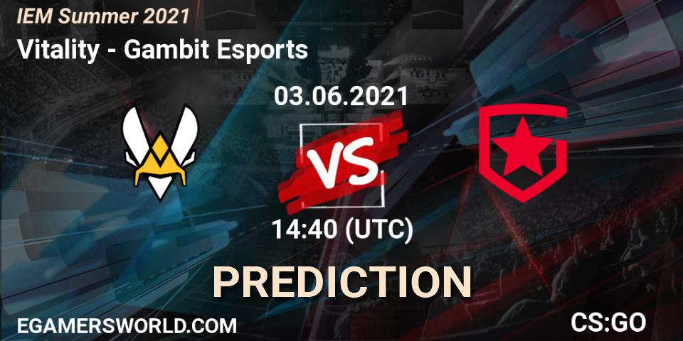 Vitality contre Gambit Esports : prédiction de match. 03.06.2021 at 14:45. Counter-Strike (CS2), IEM Summer 2021