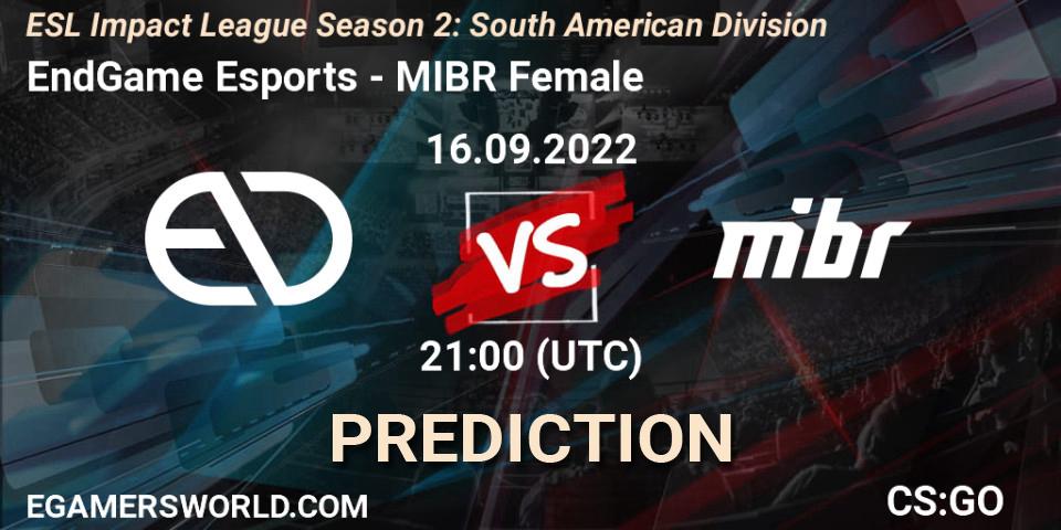 EndGame Esports contre MIBR Female : prédiction de match. 16.09.2022 at 21:00. Counter-Strike (CS2), ESL Impact League Season 2: South American Division
