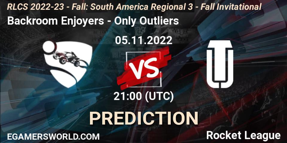 Backroom Enjoyers contre Only Outliers : prédiction de match. 05.11.2022 at 21:00. Rocket League, RLCS 2022-23 - Fall: South America Regional 3 - Fall Invitational