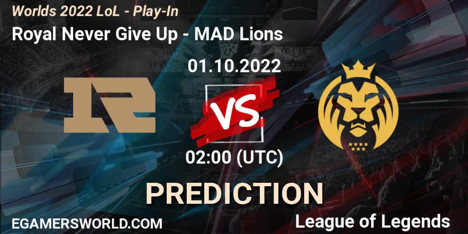 Royal Never Give Up contre MAD Lions : prédiction de match. 01.10.22. LoL, Worlds 2022 LoL - Play-In