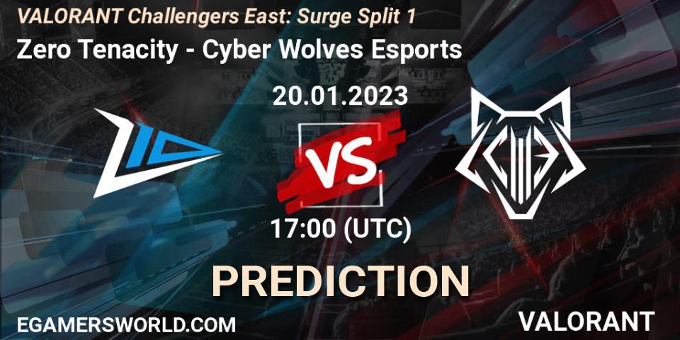 Zero Tenacity contre Cyber Wolves Esports : prédiction de match. 20.01.2023 at 21:10. VALORANT, VALORANT Challengers 2023 East: Surge Split 1