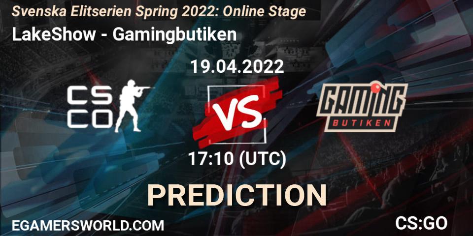 LakeShow contre Gamingbutiken : prédiction de match. 19.04.2022 at 17:10. Counter-Strike (CS2), Svenska Elitserien Spring 2022: Online Stage