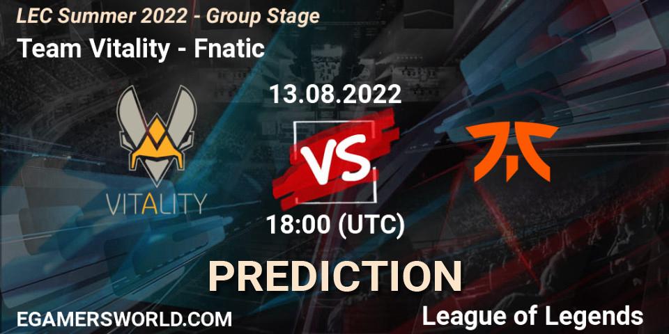 Team Vitality contre Fnatic : prédiction de match. 13.08.2022 at 18:15. LoL, LEC Summer 2022 - Group Stage