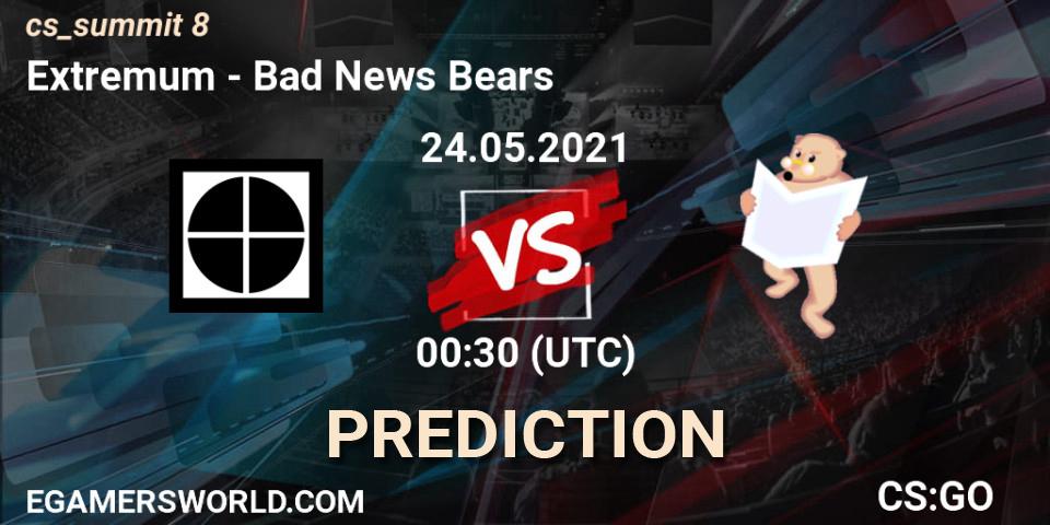 Extremum contre Bad News Bears : prédiction de match. 24.05.2021 at 00:30. Counter-Strike (CS2), cs_summit 8