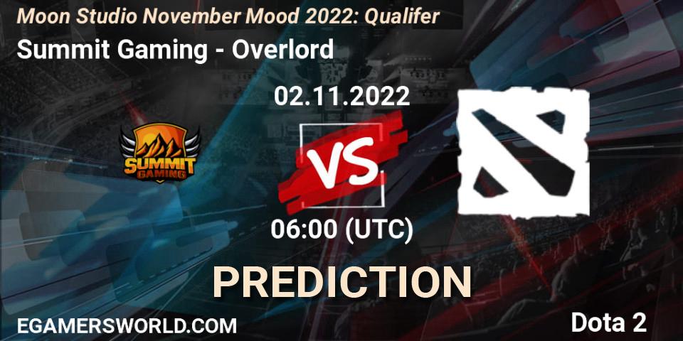 Summit Gaming contre Overlord : prédiction de match. 02.11.2022 at 06:04. Dota 2, Moon Studio November Mood 2022: Qualifer