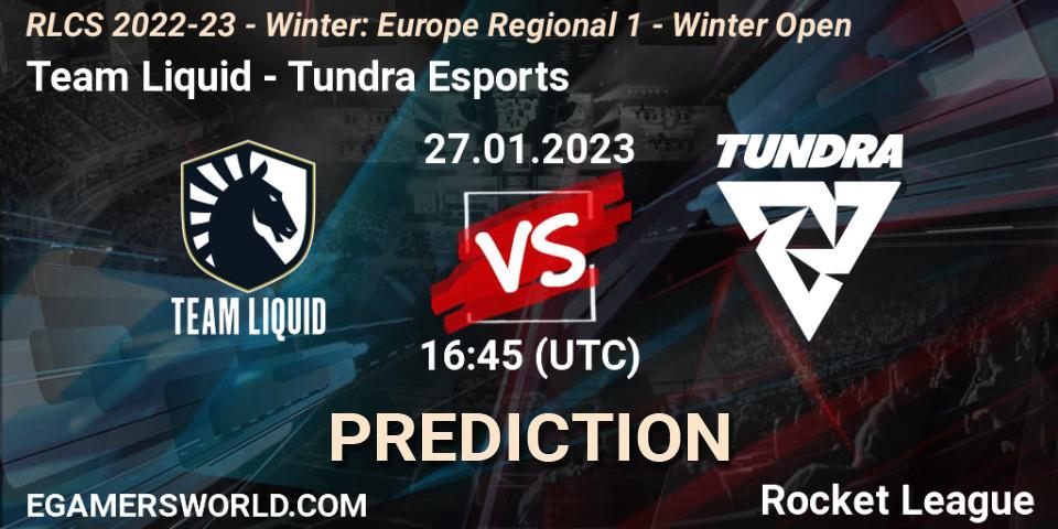 Team Liquid contre Tundra Esports : prédiction de match. 27.01.2023 at 16:45. Rocket League, RLCS 2022-23 - Winter: Europe Regional 1 - Winter Open
