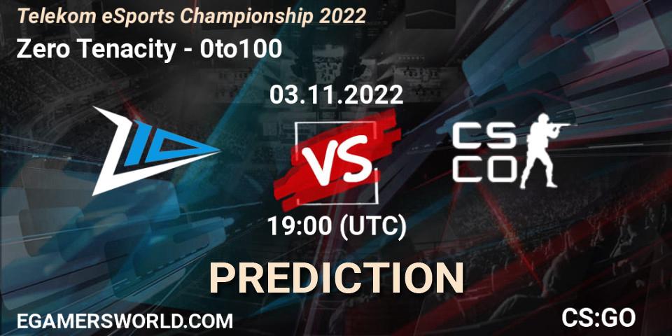 Zero Tenacity contre 0to100 : prédiction de match. 03.11.2022 at 19:00. Counter-Strike (CS2), Telekom eSports Championship 2022
