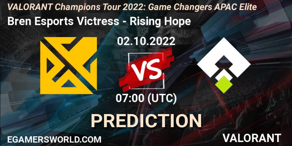 Bren Esports Victress contre Rising Hope : prédiction de match. 02.10.2022 at 08:00. VALORANT, VCT 2022: Game Changers APAC Elite