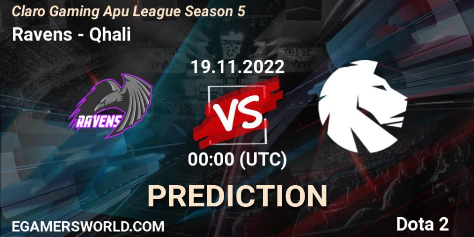 Ravens contre Qhali : prédiction de match. 18.11.2022 at 23:22. Dota 2, Claro Gaming Apu League Season 5