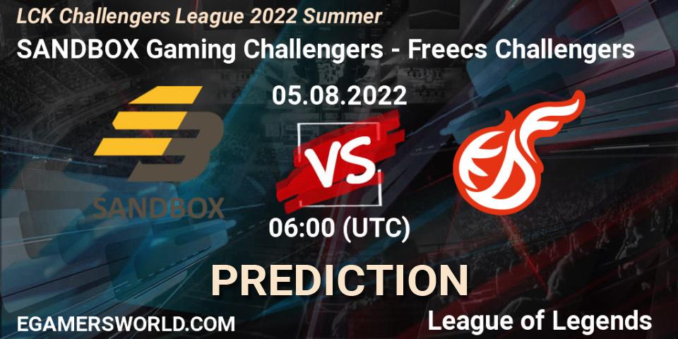 SANDBOX Gaming Challengers contre Freecs Challengers : prédiction de match. 05.08.2022 at 06:00. LoL, LCK Challengers League 2022 Summer