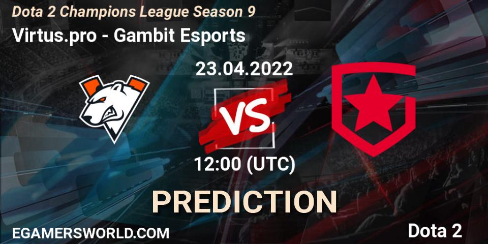 Virtus.pro contre Gambit Esports : prédiction de match. 23.04.2022 at 12:00. Dota 2, Dota 2 Champions League Season 9