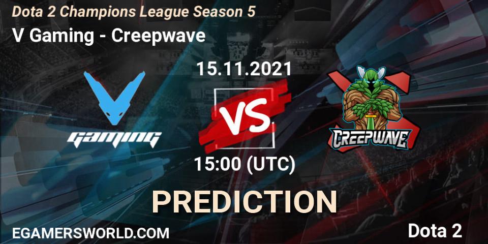 V Gaming contre Creepwave : prédiction de match. 15.11.2021 at 15:01. Dota 2, Dota 2 Champions League 2021 Season 5