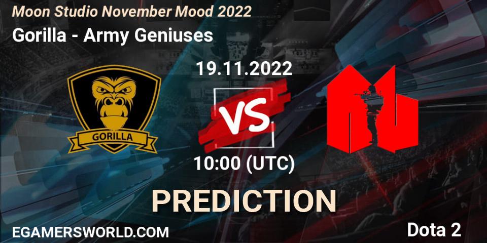 Gorilla contre Army Geniuses : prédiction de match. 19.11.2022 at 10:40. Dota 2, Moon Studio November Mood 2022