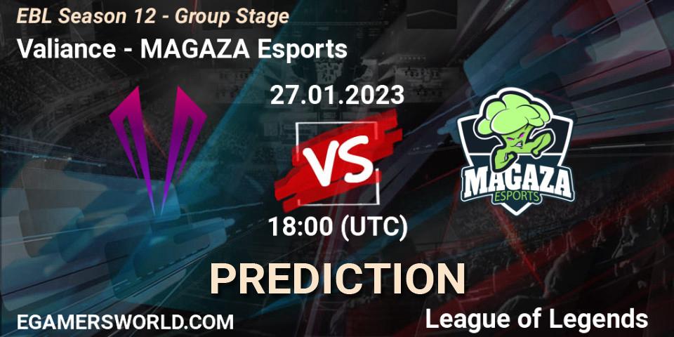 Valiance contre MAGAZA Esports : prédiction de match. 27.01.2023 at 18:00. LoL, EBL Season 12 - Group Stage
