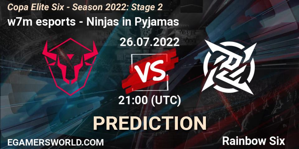 w7m esports contre Ninjas in Pyjamas : prédiction de match. 26.07.2022 at 21:00. Rainbow Six, Copa Elite Six - Season 2022: Stage 2