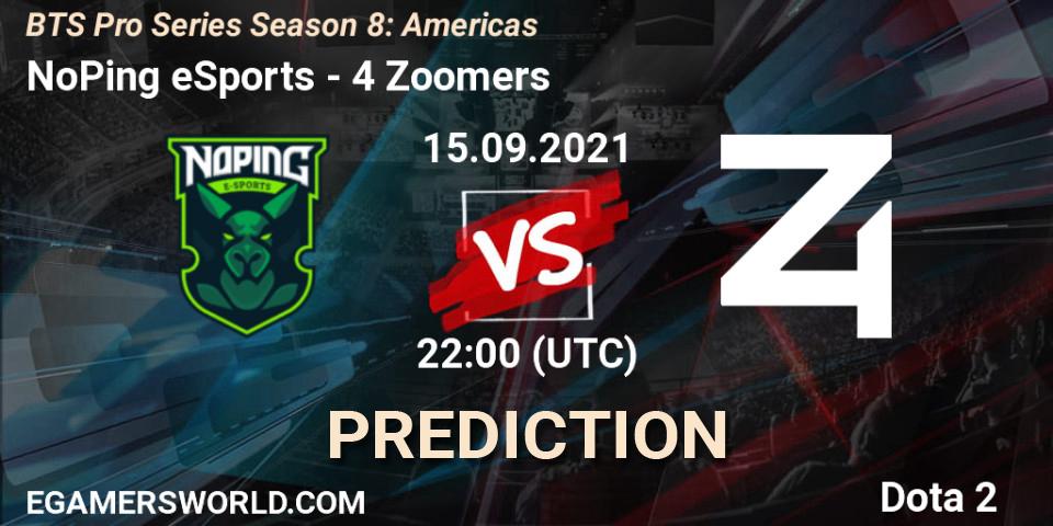 NoPing eSports contre 4 Zoomers : prédiction de match. 15.09.2021 at 22:34. Dota 2, BTS Pro Series Season 8: Americas
