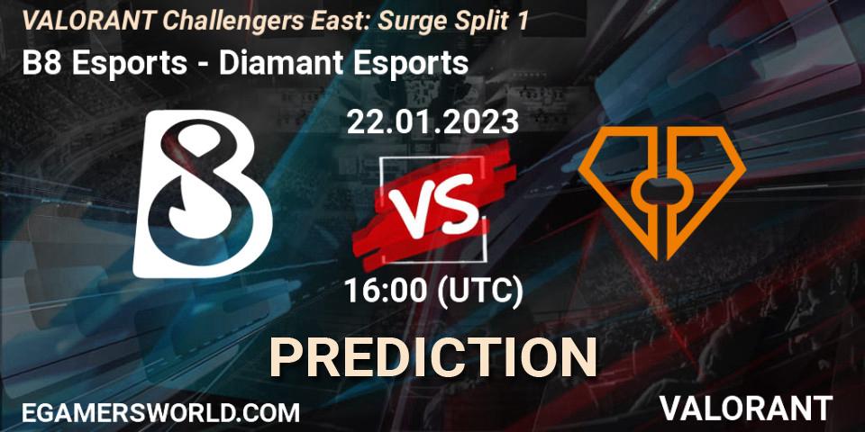 B8 Esports contre Diamant Esports : prédiction de match. 22.01.2023 at 16:00. VALORANT, VALORANT Challengers 2023 East: Surge Split 1
