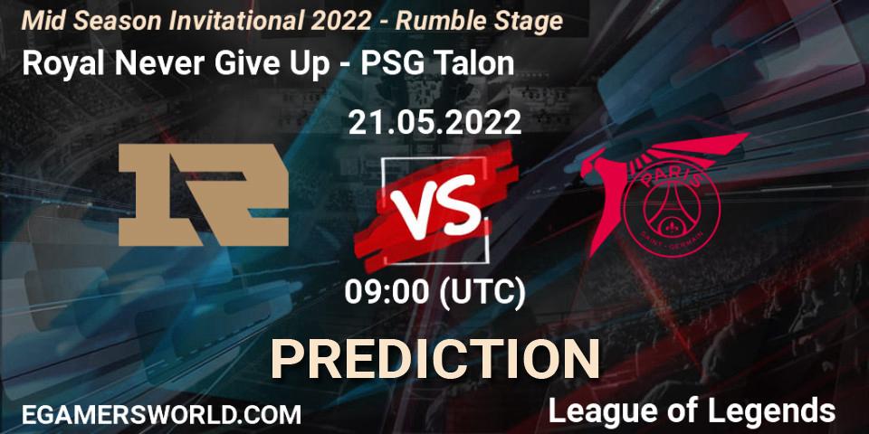 Royal Never Give Up contre PSG Talon : prédiction de match. 21.05.2022 at 09:00. LoL, Mid Season Invitational 2022 - Rumble Stage