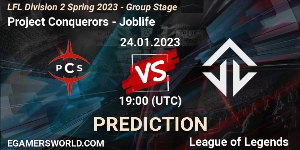 Project Conquerors contre Joblife : prédiction de match. 24.01.2023 at 19:15. LoL, LFL Division 2 Spring 2023 - Group Stage