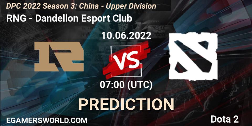 RNG contre Dandelion Esport Club : prédiction de match. 10.06.2022 at 08:05. Dota 2, DPC 2021/2022 China Tour 3: Division I
