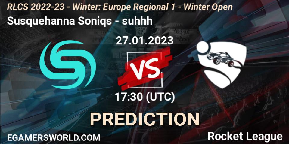 Susquehanna Soniqs contre suhhh : prédiction de match. 27.01.2023 at 17:30. Rocket League, RLCS 2022-23 - Winter: Europe Regional 1 - Winter Open