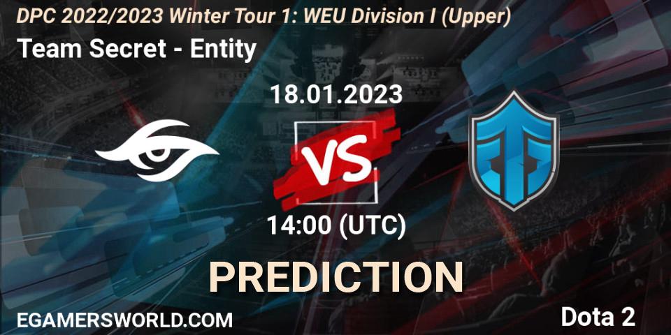 Team Secret contre Entity : prédiction de match. 18.01.2023 at 13:54. Dota 2, DPC 2022/2023 Winter Tour 1: WEU Division I (Upper)