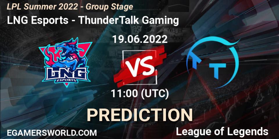 LNG Esports contre TT Gaming : prédiction de match. 19.06.2022 at 11:00. LoL, LPL Summer 2022 - Group Stage