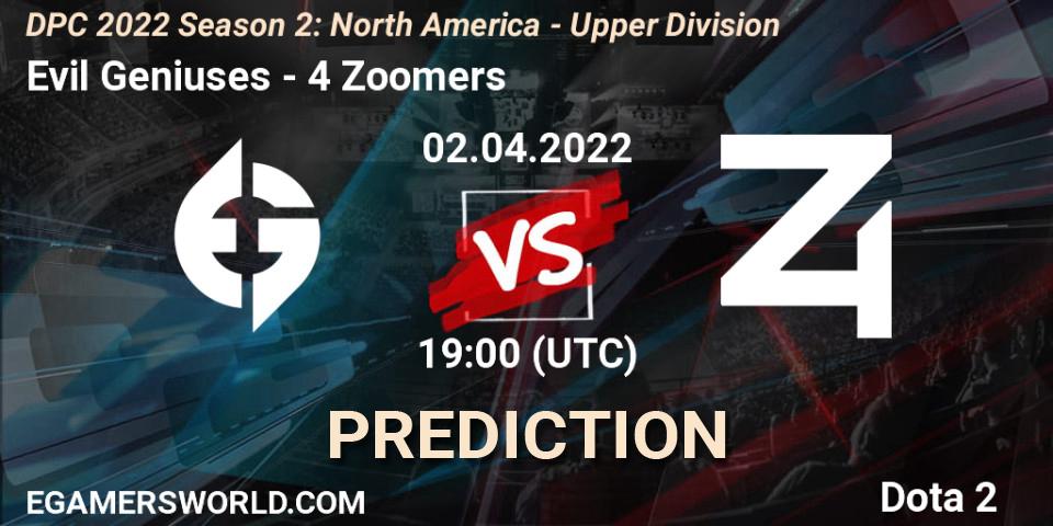 Evil Geniuses contre 4 Zoomers : prédiction de match. 02.04.2022 at 18:55. Dota 2, DPC 2021/2022 Tour 2 (Season 2): NA Division I (Upper) - ESL One Spring 2022