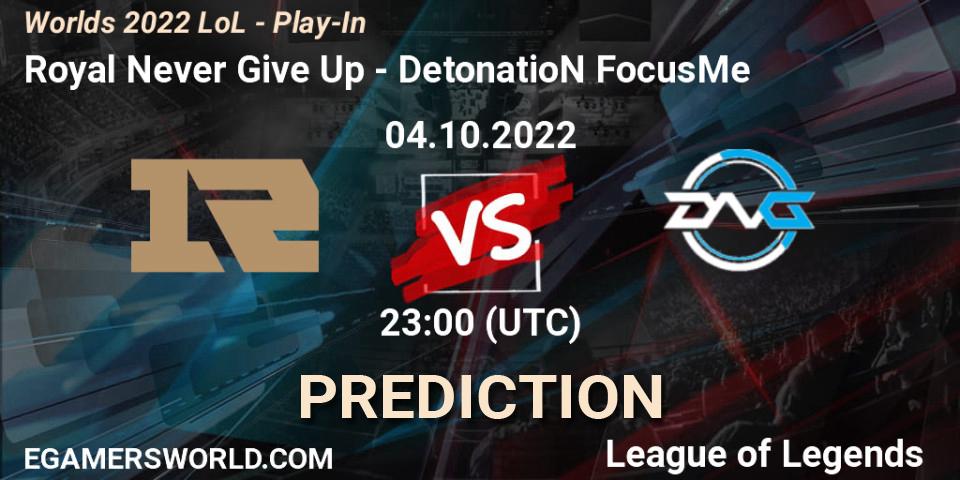 Royal Never Give Up contre DetonatioN FocusMe : prédiction de match. 04.10.22. LoL, Worlds 2022 LoL - Play-In