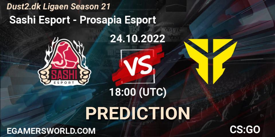  Sashi Esport contre Prosapia Esport : prédiction de match. 24.10.2022 at 19:00. Counter-Strike (CS2), Dust2.dk Ligaen Season 21