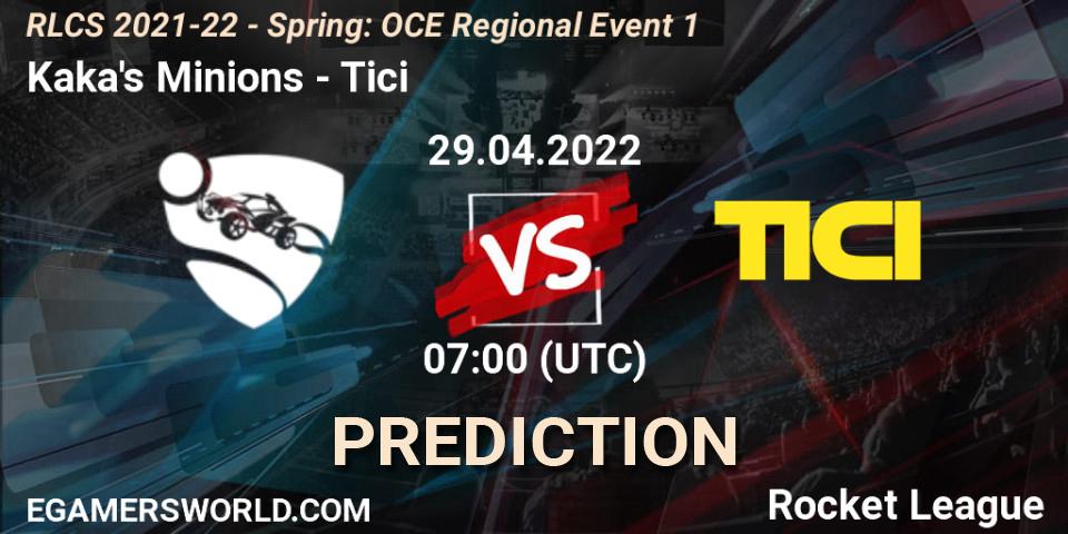 Kaka's Minions contre Tici : prédiction de match. 29.04.2022 at 07:00. Rocket League, RLCS 2021-22 - Spring: OCE Regional Event 1