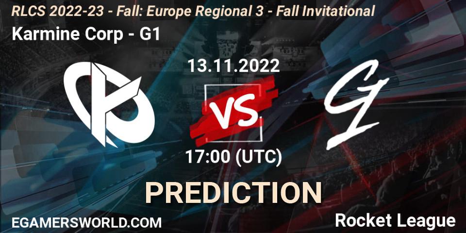 Karmine Corp contre G1 : prédiction de match. 13.11.2022 at 16:55. Rocket League, RLCS 2022-23 - Fall: Europe Regional 3 - Fall Invitational