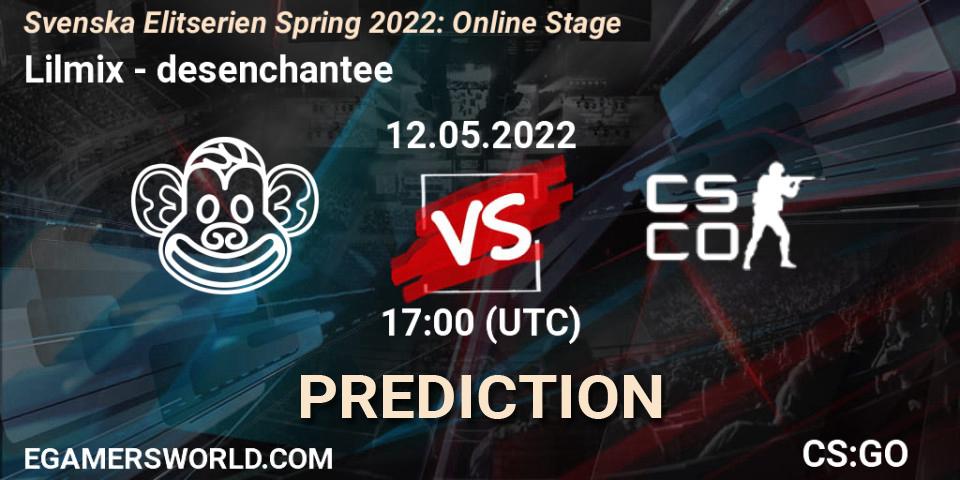 Lilmix contre desenchantee : prédiction de match. 12.05.2022 at 17:00. Counter-Strike (CS2), Svenska Elitserien Spring 2022: Online Stage