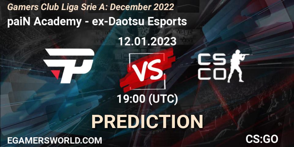 paiN Academy contre ex-Daotsu Esports : prédiction de match. 12.01.2023 at 19:00. Counter-Strike (CS2), Gamers Club Liga Série A: December 2022
