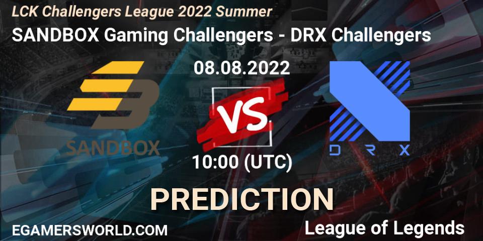 SANDBOX Gaming Challengers contre DRX Challengers : prédiction de match. 08.08.2022 at 10:00. LoL, LCK Challengers League 2022 Summer