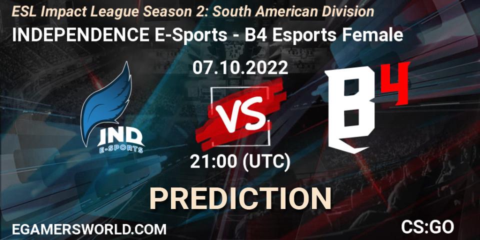 INDEPENDENCE E-Sports contre B4 Esports Female : prédiction de match. 07.10.2022 at 21:00. Counter-Strike (CS2), ESL Impact League Season 2: South American Division