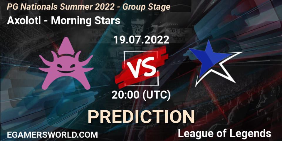 Axolotl contre Morning Stars : prédiction de match. 19.07.2022 at 20:00. LoL, PG Nationals Summer 2022 - Group Stage