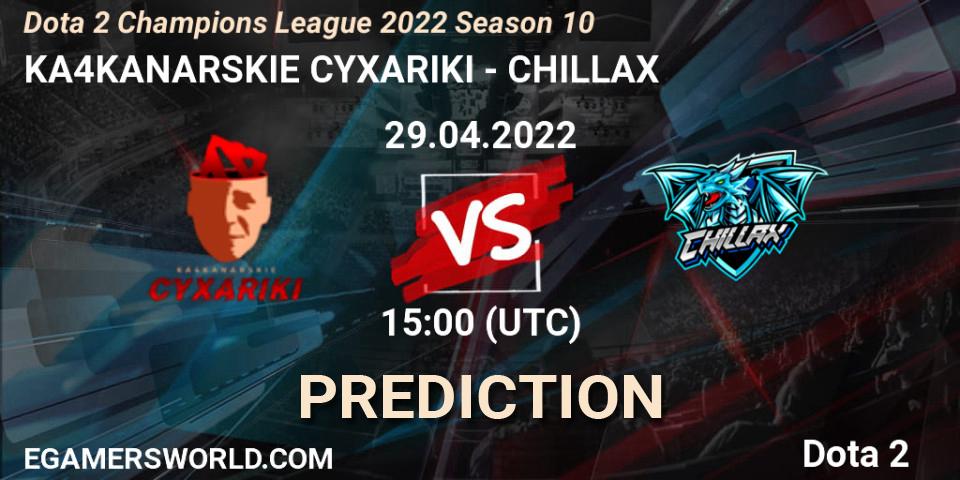 KA4KANARSKIE CYXARIKI contre CHILLAX : prédiction de match. 29.04.2022 at 18:00. Dota 2, Dota 2 Champions League 2022 Season 10 