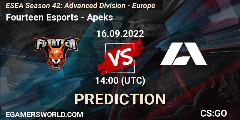 Fourteen Esports contre Apeks : prédiction de match. 16.09.22. CS2 (CS:GO), ESEA Season 42: Advanced Division - Europe