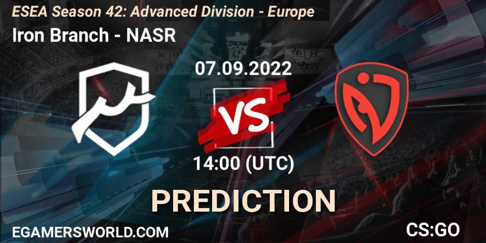 Iron Branch contre NASR : prédiction de match. 07.09.2022 at 14:00. Counter-Strike (CS2), ESEA Season 42: Advanced Division - Europe