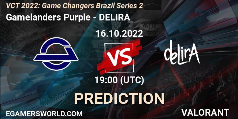 Gamelanders Purple contre DELIRA : prédiction de match. 16.10.2022 at 18:30. VALORANT, VCT 2022: Game Changers Brazil Series 2