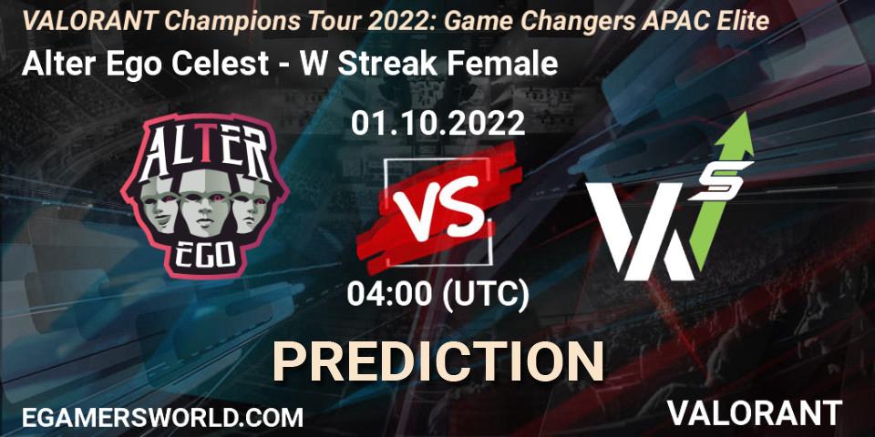 Alter Ego Celestè contre W Streak Female : prédiction de match. 01.10.2022 at 04:00. VALORANT, VCT 2022: Game Changers APAC Elite