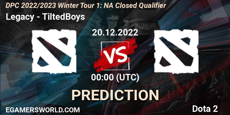 Legacy遗 contre TiltedBoys : prédiction de match. 19.12.2022 at 23:23. Dota 2, DPC 2022/2023 Winter Tour 1: NA Closed Qualifier