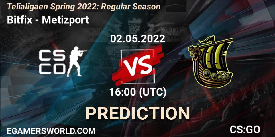 Bitfix contre Metizport : prédiction de match. 02.05.2022 at 16:00. Counter-Strike (CS2), Telialigaen Spring 2022: Regular Season