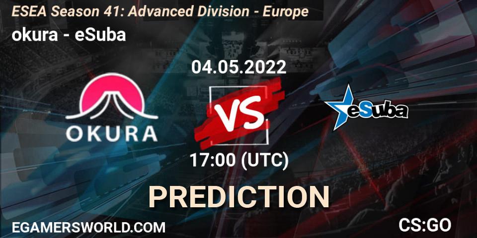okura contre eSuba : prédiction de match. 04.05.2022 at 17:00. Counter-Strike (CS2), ESEA Season 41: Advanced Division - Europe