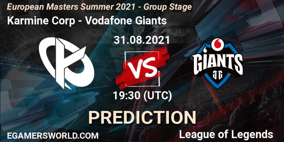 Karmine Corp contre Vodafone Giants : prédiction de match. 31.08.2021 at 19:15. LoL, European Masters Summer 2021 - Group Stage
